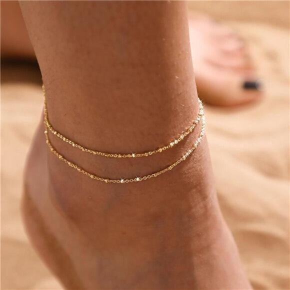 Gold Silver Anklet Set for Women Layered Waterproof Heart Beads Chain - Picture 4 of 7